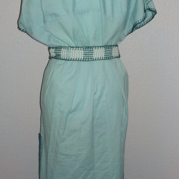 ZARA MS SIZE SMALL LIGHT GREEN / TEAL EMBROIDERED BELTED WAIST CAFTAN DRESS - Picture 5 of 13